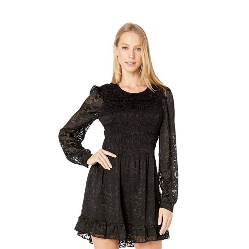 Parker Inez Dress Black Lace Smocked Mini Dress Sheer Long Sleeve Size M NWT